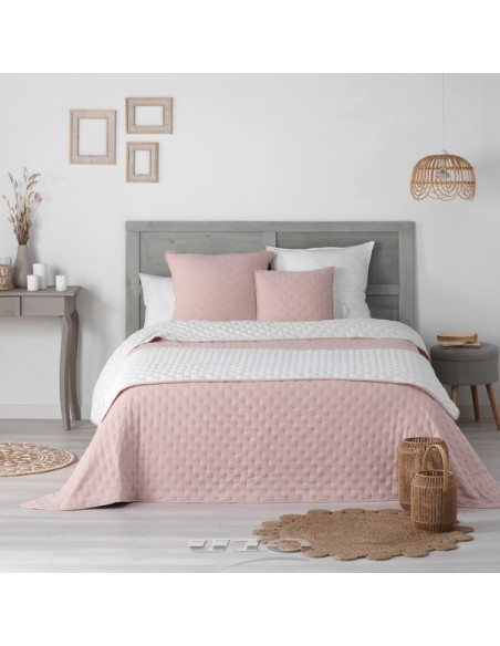 COUVRE LIT 2 PERS. MATEL. 240x260 CM MICROFIBRE BICOLORE MELLOW CHIC ROSE/BLANC HOME SWEET HOME Dessus de lit