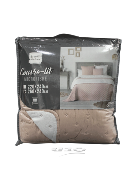 COUVRE LIT 2 PERS. MATEL. 240x260 CM MICROFIBRE BICOLORE MELLOW CHIC ROSE/BLANC HOME SWEET HOME Dessus de lit