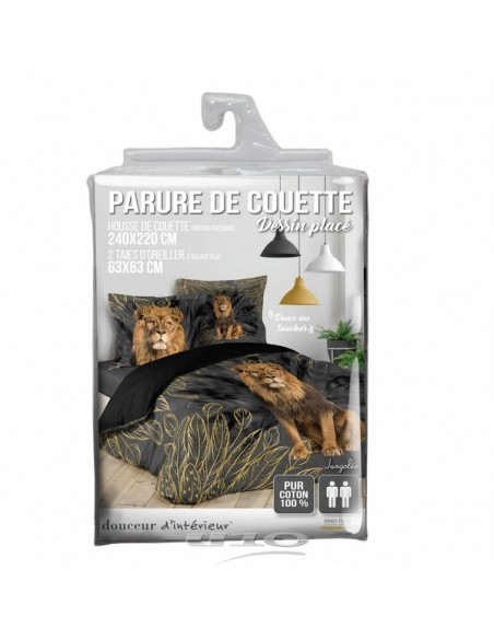 PARURE 3 P. 240 x 220 CM IMPRIME 42 FILS lion JUNGOLEO HOME SWEET HOME Linge de maison