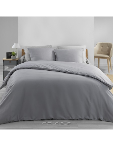 PARURE 3 P. 260 x 240 CM PERCALE UNI 78 FILS LOUMEA GRIS/BLANC HOME SWEET HOME Linge de maison