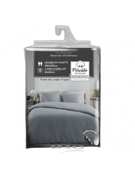 PARURE 3 P. 260 x 240 CM PERCALE UNI 78 FILS LOUMEA GRIS/BLANC HOME SWEET HOME Linge de maison