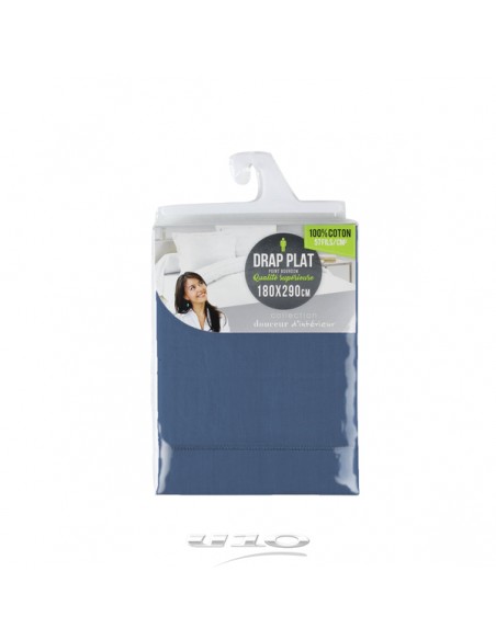 DRAP PLAT 1 PERSONNE 180 x 290 CM UNI 57 FILS LINA BLEU NUIT +POINT BOURDON HOME SWEET HOME Linge de maison