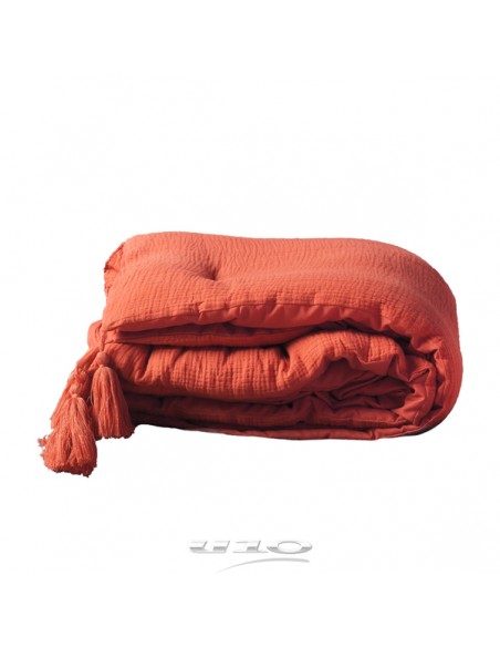 CHEMIN DE LIT +POMPONS 80 x 180 CM GAZE DE COTON UNI ANGELINA TERRACOTTA HOME SWEET HOME Linge de maison