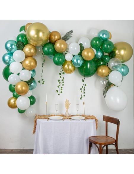 KIT ARCHE DE 86 BALLONS TROPICOOL DEGRADE DE VERT OR ET FEUILLES TROPICALES HOME SWEET HOME Art de la table