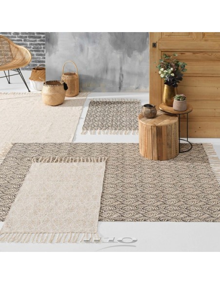 TAPIS RECTANGLE A FRANGES 120 x 170 CM COTON/JUTE IMPRIME KALINDA NOIR HOME SWEET HOME Objet de décoration