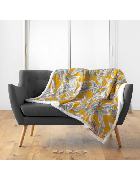 PLAID 125 x 150 CM VELOURS IMPRIME/SHERPA ISIBELLE JAUNE HOME SWEET HOME Linge de maison