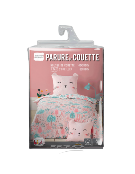 PARURE 2 P. 140 x 200 CM IMPRIME 42 FILS ALLOVER CHATON HOME SWEET HOME Chambre pour enfant