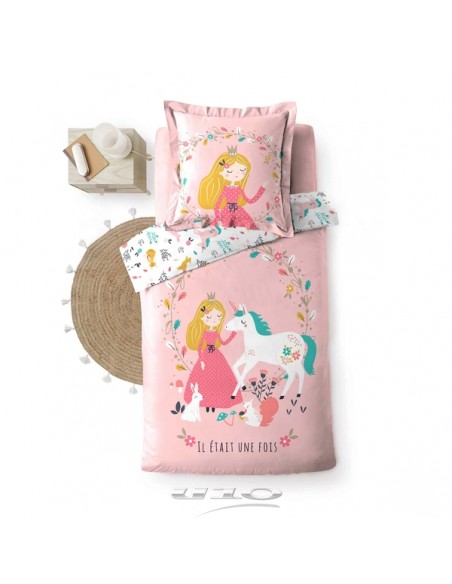 PARURE 2 P. 140 x 200 CM IMPRIME 42 FILS DESSIN PLACE PRINCESSE LICORNE HOME SWEET HOME Chambre pour enfant