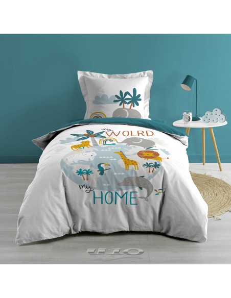 PARURE 2 P. 140 x 200 CM IMPRIME 42 FILS DESSIN PLACE ANIMALIA HOME SWEET HOME Chambre pour enfant