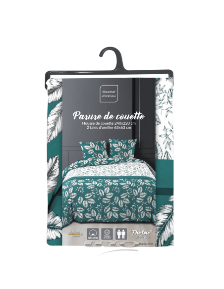 PARURE 3 P. 240 x 220 CM IMPRIME 52 FILS ALLOVER MARJOLAINE PETROLE HOME SWEET HOME Linge de maison