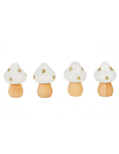 4 PETITS CHAMPIGNONS BOIS BLANC A POIS PAILLETTES OR 3X2CM HOME SWEET HOME Halloween 2023