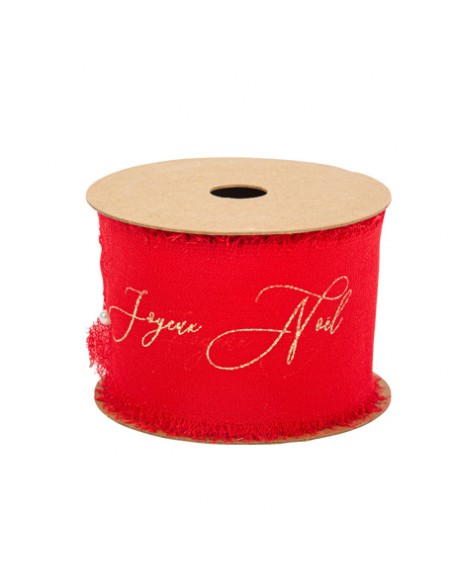 Ruban Effiloché Mousseline de Soie Rouge Joyeux Noël Or 5cm x 3M HOME SWEET HOME Noel