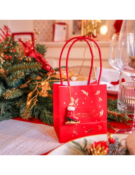 Sac Joyeux Noël Holly Christmas Rouge et Or 10 x 11 x 7cm et Anses Rouge HOME SWEET HOME Noel