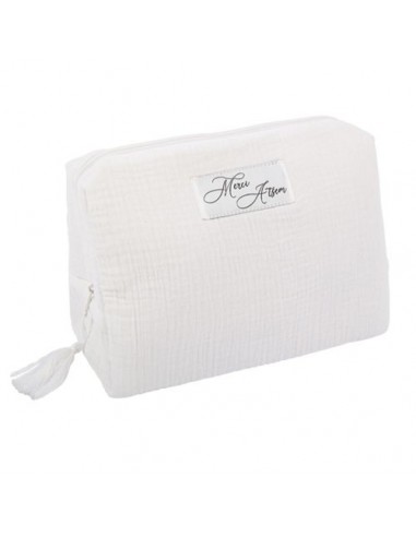 Trousse Merci Atsem en Gaze de Coton Blanc avec Pompon 16x24x12cm HOME SWEET HOME Cadeau