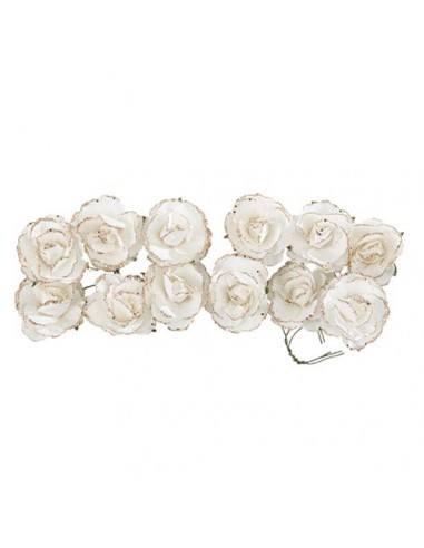 12 Roses Papier 3,5cm Blanc et Paillettes Champagne sur Tige HOME SWEET HOME Décoration festive