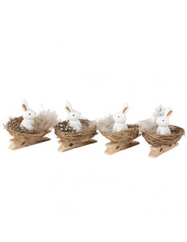 4 Pinces Lapinous dans leurs Nids Résine Blanc Paille et Plumettes 4 x 4.5 cm HOME SWEET HOME Décoration festive