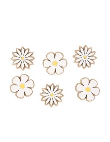 6 Stickers Marguerites en Bois Blanc et Jaune Diam 3,5 cm HOME SWEET HOME Décoration festive