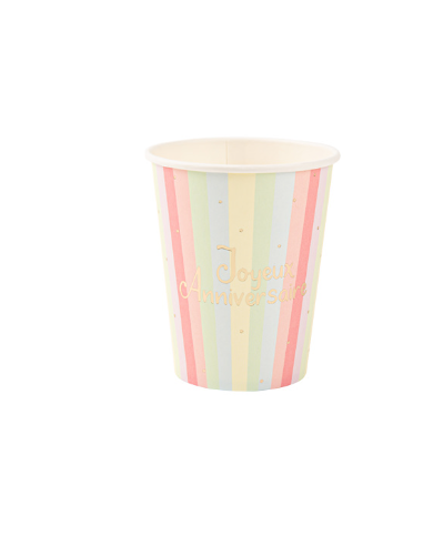 8 Gobelets Joyeux Anniversaire Mahault Pastel et Or 255 ml HOME SWEET HOME Vaisselle jetable et mélamine