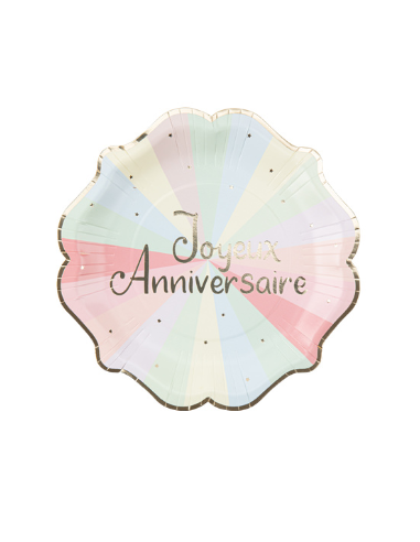 8 Assiettes Joyeux Anniversaire Mahault Pastel et Or 23 cm HOME SWEET HOME Vaisselle jetable et mélamine