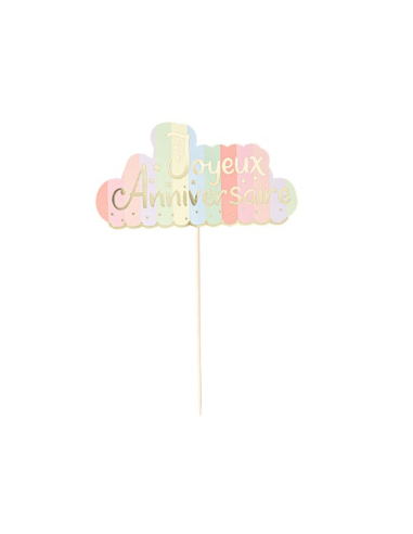 Cake Topper Joyeux Anniversaire Mahault Pastel et Or 16 x 24 cm - Recto / Verso HOME SWEET HOME Décoration de table