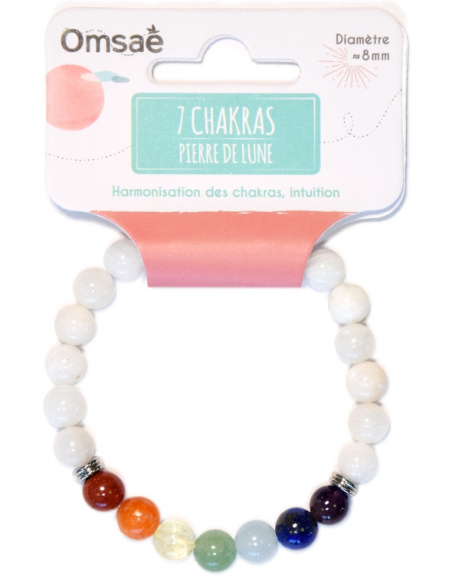 Bracelet 7 Chakras Pierre de lune Perles rondes 8 mm HOME SWEET HOME Lithothérapie