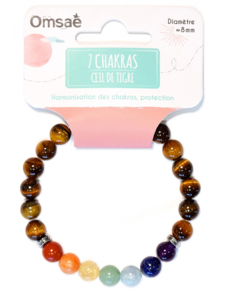 Bracelet 7 Chakras Oeil de tigre Perles rondes 8 mm HOME SWEET HOME Lithothérapie