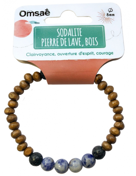 Bracelet Bois, Sodalite et Pierre de lave Perles rondes 8 mm HOME SWEET HOME Lithothérapie