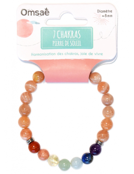 Bracelet 7 Chakras Pierre de soleil Perles rondes 8 mm HOME SWEET HOME Lithothérapie