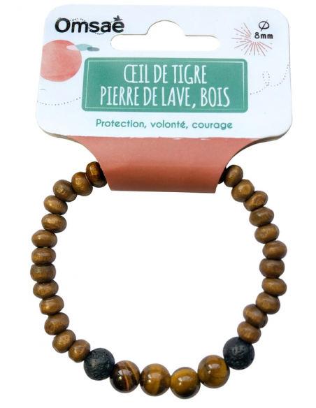 Bracelet Bois, Oeil de Tigre et Pierre de lave Perles rondes 8 mm HOME SWEET HOME Lithothérapie