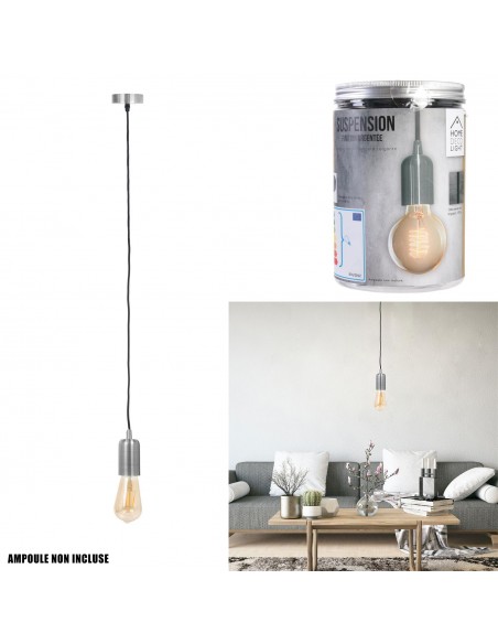 SUSPENSION VINTAGE ARGENT ALUMINIUM CABLE NOIR HOME SWEET HOME Luminaire